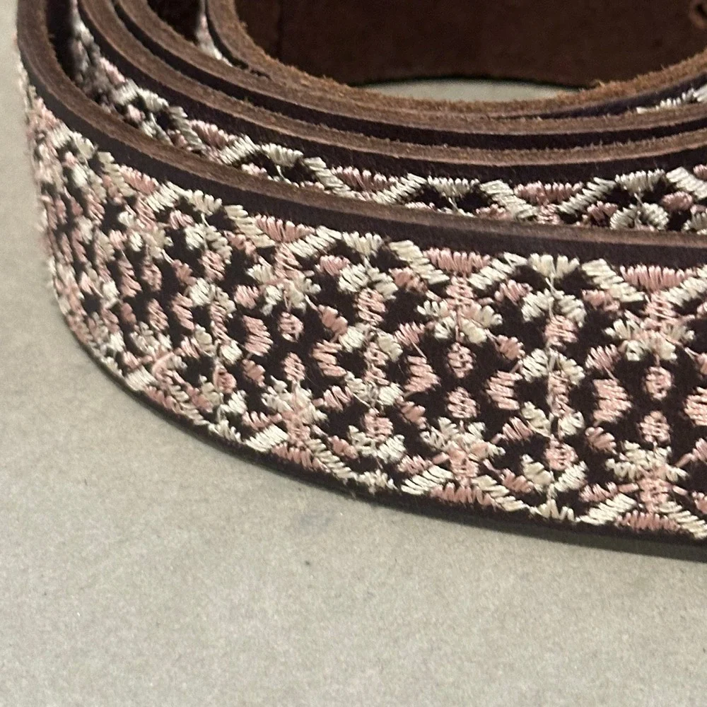 Lucky Brand Brown Leather Embroidered Belt Pink White Geometric XL BUD0271 NEW